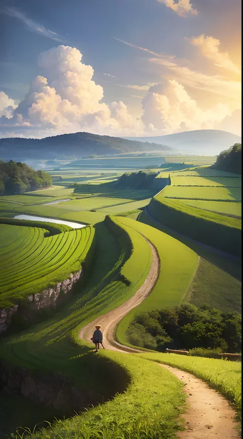 An old farmer carrying a flat burden, walking on the winding path of the countryside, big clouds, blue sky, rice fields, neat rice seedlings in the field, forest, hillside, secluded, countryside, HD detail, hyper-detail, cinematic, surrealism, soft light, ...