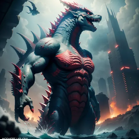 godzilla, kaiju, giant kaiju dragon monster, red scales, fins, fish like, thick femboy, cute