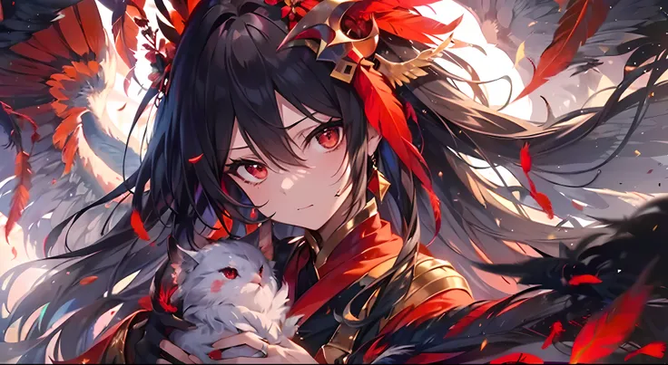 ((masutepiece:1.2, Best Quality,8K, Textured skin)), ((Red feathers)),beautiful a girl, Wear a phoenix,  Summoned Animals, volcanoes, Silver, knight , are flying, Black hair, Long hair, Long hair, Red Eyes, Determined,