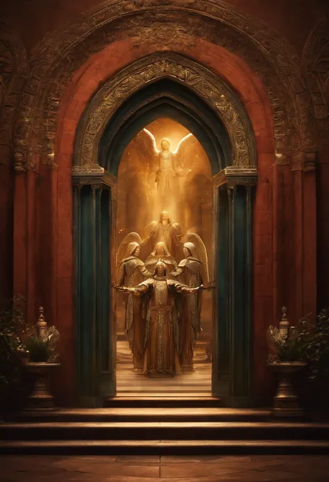 Five angels in holy armor. Standing in front of a Great mystic door that towers above them. Four of the angels are kneeling in front of the door as the angel in the middle bows his head and holds his hands up to it.