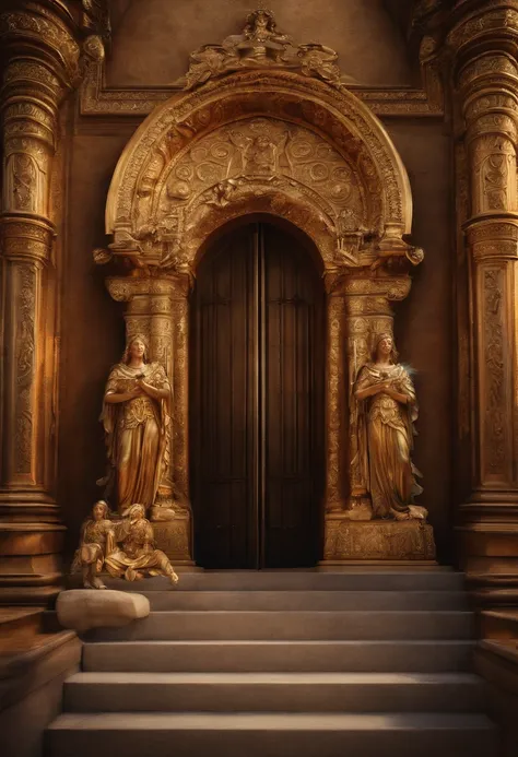 Five angels in holy armor. Standing in front of a Great mystic door that towers above them. Four of the angels are kneeling in front of the door as the angel in the middle bows his head and holds his hands up to it.