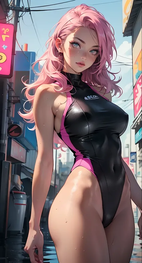 sporty girl,(((1girl))),((girl with bubblegum pink hair and freckles,extremely cute and gorgeous)),

(large breasts:1.4),saggy breasts,(((bubblegum pink hair:1.35,straight hair,long hair:1.4,colored inner hair,ear breathing))),((heterochromia:1.5,eye1 pink...