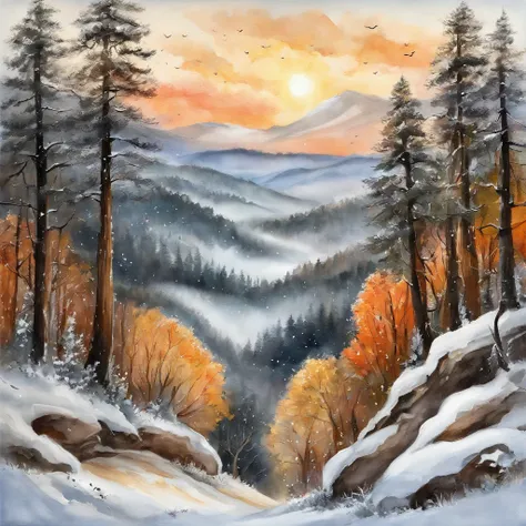 Intricate painting details of the Myanmar forest with heavy snowfall in the twenty-four solar terms, By range Murata, galaxy in background, Clouds, vivd colour, High contrast, Mountain, vector line art, orange highlights, trending in pixiv, anime concept a...