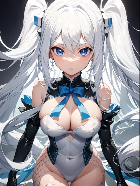 1girl in、White hair、Blue eyes、wall-paper、bunnygirl、Leotard、fishnet tights、Super long hair、Curly hair、white backgrounid、symmetry、facing front、Upper body close-up、Close UAMENTED、see -through、