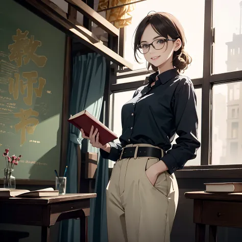 Style close-up, ultra-high definition 8K, masterclass CG wallpaper, excellent light source, window background, golden hour, dour projection on the blackboard, female teacher, wearing glasses, beautiful and delicate face, bright eyes, wearing light blue pri...