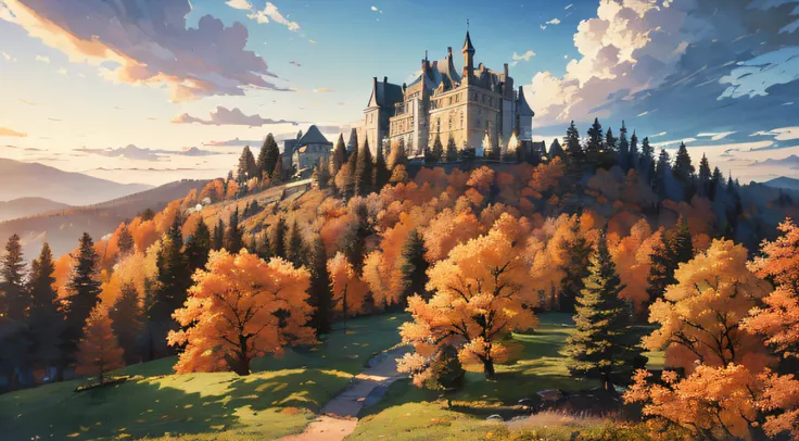 ((masterpiece: 1.5)),((best quality)),((high detail)),((realistic, panoramic)) ((ultra-detailed:1.3)) landscape of an autumn pine forest, aerial view, beautiful sky, deformed clouds, 1.3:pine trees, paths with weeds and wildflowers, Magnificent castle on t...