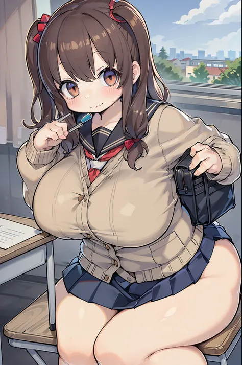 ((masutepiece, Best Quality)),Best aesthetic,1girl in, School uniform, desk work, Sitting, School Desk, Brown hair, crass room, Long hair, Indoors, Chair, Looking at Viewer, :P, Solo Focus, Brown eyes, Skirt, Long sleeves, Pencil, 1 boy, pencil case, paper...