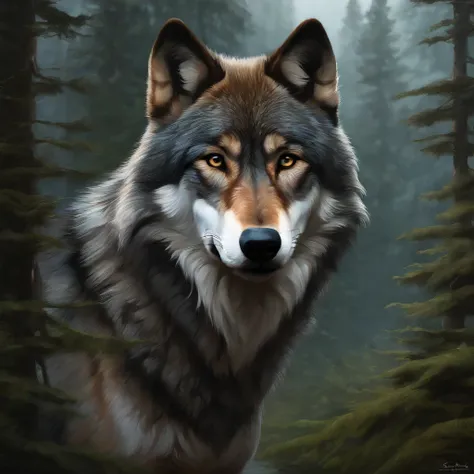 masutepiece, Best Quality, ((Beautiful and detailed wolf)) (Very detailed CG Unity 8K wallpaper), Professional majestic oil painting by Ed Blinky, Atea Geylang, Studio Ghibli, Jeremy Mann, Greg Manchessa, Antonio Moro, Popular on ArtStation, Trending Mid J...