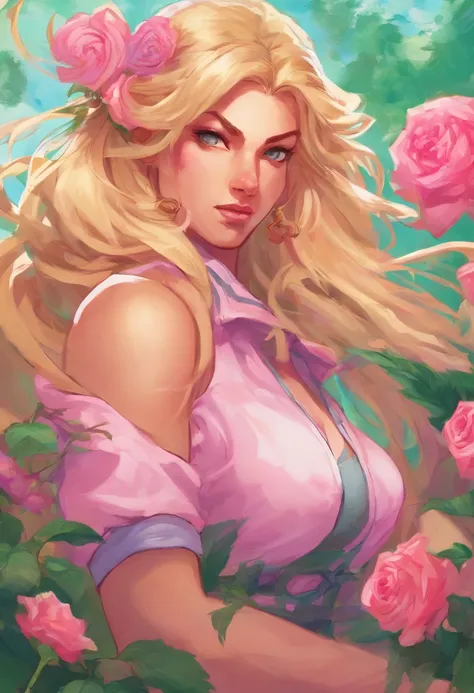 a girl in a garden,illustration,detailed flowers,green grass,beautiful detailed eyes,pink roses,flowing hair,athletic body,blonde hair,HDR,vibrant colors,soft lighting.