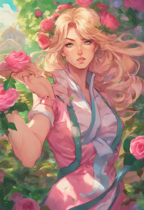 a girl in a garden,illustration,detailed flowers,green grass,beautiful detailed eyes,pink roses,flowing hair,athletic body,blonde hair,HDR,vibrant colors,soft lighting.