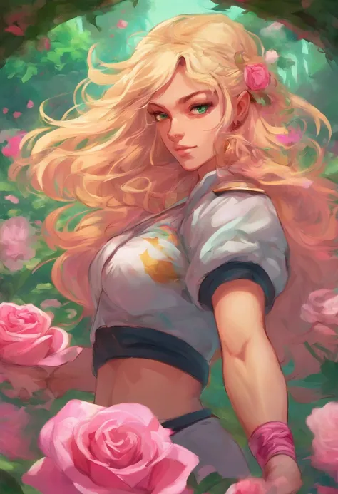 a girl in a garden,illustration,detailed flowers,green grass,beautiful detailed eyes,pink roses,flowing hair,athletic body,blonde hair,HDR,vibrant colors,soft lighting.