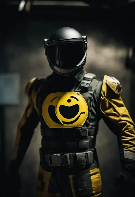 Powered suit with a mask with a smiley face on a silver round plate、camouflage uniform、Hero Movies