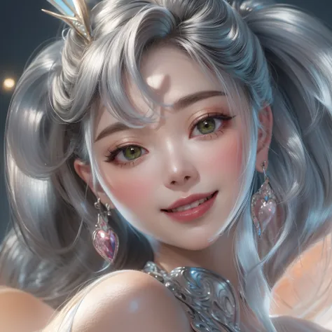 Close-up of laughing face、Close-up of laughing face、companion、makeup、Glossy lips、Shining eyes、Silver ponytail hair、(realisitic、hight resolution)、(1 girl in)、Do-Up Eye、Korean Girl、(Best Quality), (masutepiece), (1girl in), Solo, a beauty girl, Perfect face,...