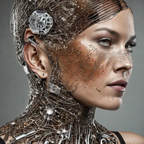 a woman made with skin from electronic components, cyborg style, futuristic, ultra realistic image