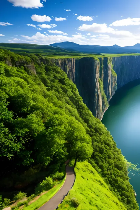 Masterpiece, ultimate quality, Cg unity 8k wallpaper, super delicate, beautiful sky and clouds, rich natural scenery, cliffs, lakes and rivers, waterfalls and flying water, beautiful green mountains, no trace of people, excellent scenery, has already won a...