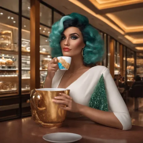 Mergot robbie drinking coffee in a luxury shopping mall