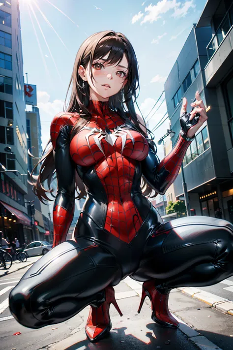 NSFW、High legsuit(masutepiece, Best Quality), Intricate details, 8K, art  stations, Wallpaper, Official art, Splash Art, Sharp Focus, 1girl in, Tifa Lockhart, Long hair, dark brown eyes, Black hair, Big breasts, Skins dont appear, Skintight Spiderman Suit,...