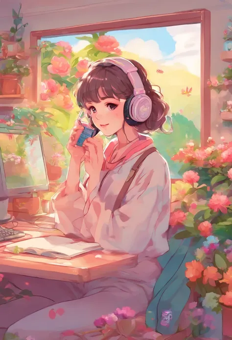 lofi, Woman in romantic vibes, fone de ouvido, quarto, flores,lofi , sentada estudando e olhando para o computador, fone de ouvido