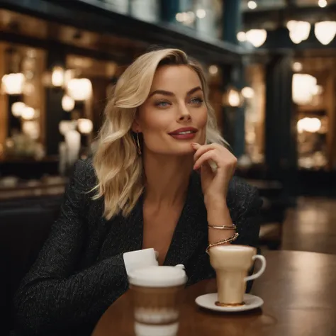 Margot robbie drinking coffee in a luxury shopping mall