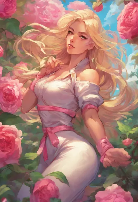 a girl in a garden,illustration,detailed flowers,green grass,beautiful detailed eyes,pink roses,flowing hair,athletic body,blonde hair,HDR,vibrant colors,soft lighting.