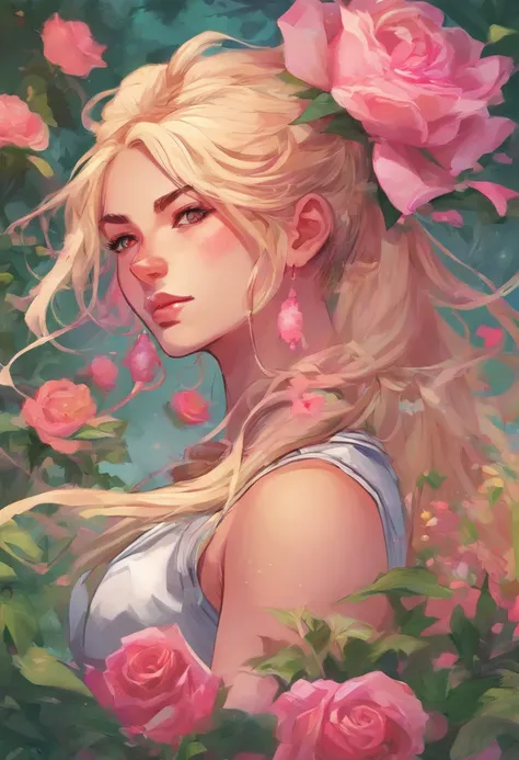 a girl in a garden,illustration,detailed flowers,green grass,beautiful detailed eyes,pink roses,flowing hair,athletic body,blonde hair,HDR,vibrant colors,soft lighting.