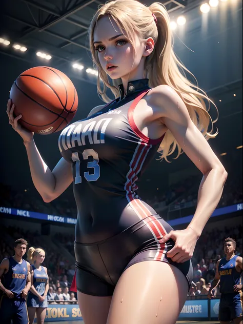 (8K, Raw photo, Best Quality, masutepiece:1.2), (Realistic, Photorealsitic:1.37),1 girl,Beautiful,Powerful, (Solo),A detailed face, Dramatic Angle,
Shoot the ball,Basketball Uniform ,Sports, Look away,Sporty,Wet skin,Sweat,Large breasts,nice legs,basketbal...