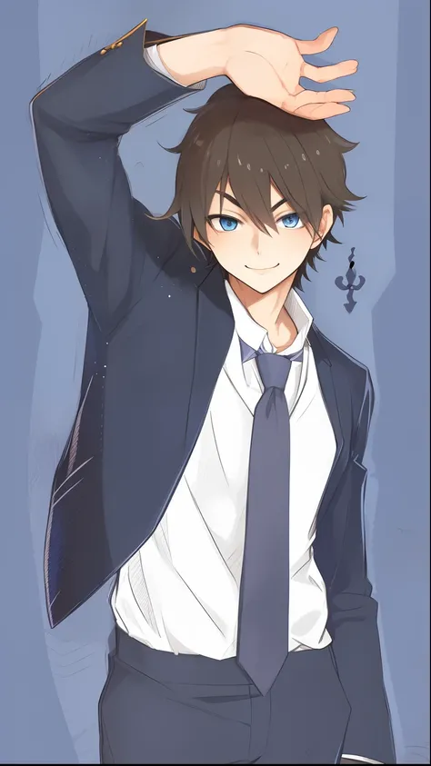 anime boy in a suit and tie with his hands on his head, inspired by Okumura Togyu, inspired by Okumura Masanobu, handsome anime pose, tall anime guy with blue eyes, in an anime style, pose(arms up + happy), anime moe artstyle, inspired by Unichi Hiratsuka,...