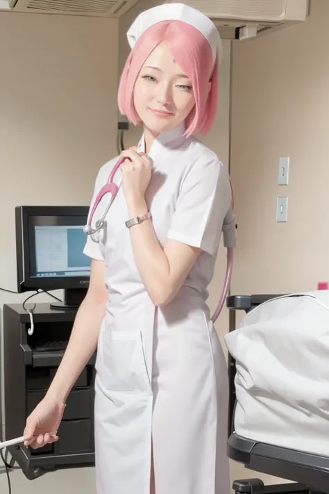 Sakura uchiha. A woman doctor was standing in the operating room. He looked like he was wearing a white doctors uniform. Full white glove. And a stethoscope on his shoulder. She had short pink hair. Straight up. Unraveling. No strings attached. He also had...