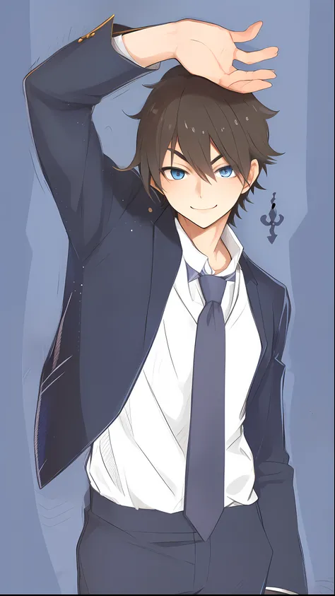 anime boy in a suit and tie with his hands on his head, inspired by Okumura Togyu, inspired by Okumura Masanobu, handsome anime pose, tall anime guy with blue eyes, in an anime style, pose(arms up + happy), anime moe artstyle, inspired by Unichi Hiratsuka,...