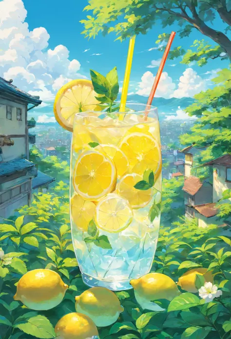 (nobody)lemons、mint leaf、Soft drinks with foam。Yellow fades to blue。its cool。Multicolored straws、Ice cubes、placed on green leaves、outside of house、clear blue skies、There are beautiful clouds、cyberpunked