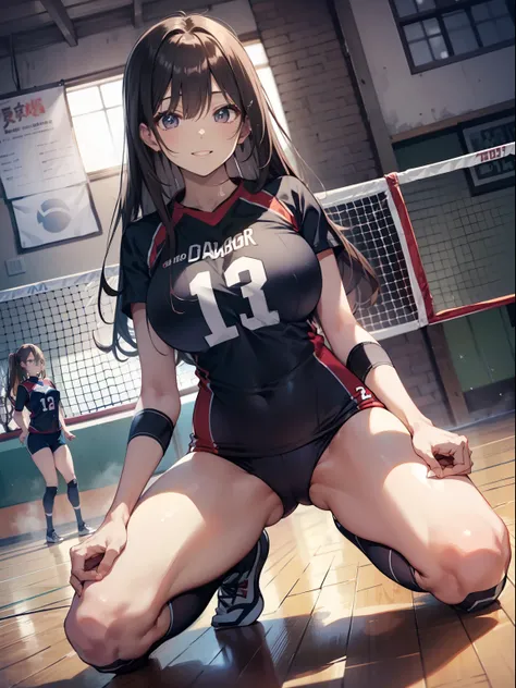 masutepiece、Best Quality、Illustration、 ultra-detailliert、hight resolution、8K Wallpapers、Perfect dynamic composition,、Beautiful detailed eyes、(Black Volleyball Uniforms:1.3)、Black bloomers、Brown hair、Medium Hair、(Beautiful Large Breasts:1.3)、Natural Color L...