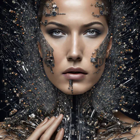 woman whose skin is constructed from cell phone pieces, electronic components, cyborg style, skin and electronic components merge, futuristic, ultra realistic image