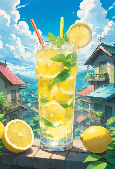 (nobody)lemons、mint leaf、Soft drinks with foam。Yellow fades to blue。its cool。Multicolored straws、Ice cubes、placed on green leaves、outside of house、clear blue skies、There are beautiful clouds、cyberpunked