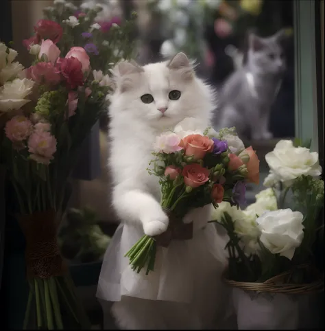 There was a cat holding a bouquet of flowers, Color photo of Olga Rozanova, Flickr, Photorealism, With flowers, elegant cat, picking up a flower, Cute woman, Full of flowers, carrying flowers, Cute cat, beautiful cat, flower queen, Holding flowers, There a...