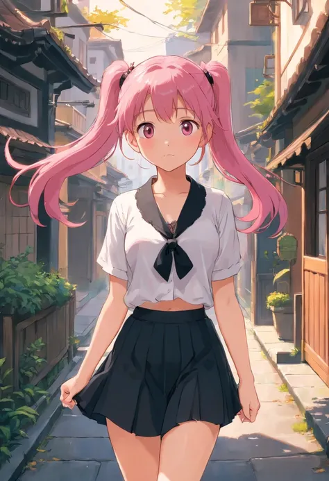 Girl with pink hair double ponytail，Black lace lingerie peeks through a white shirt，pleatedskirt，taking a walk