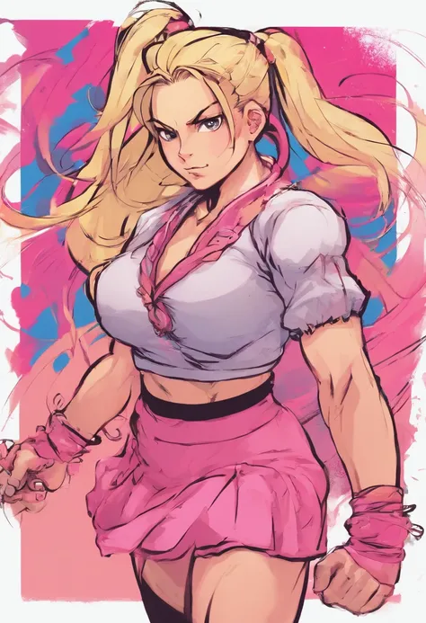 muscular female with blonde pigtails wearing thigh high socks and a pink frilly skirt with gym top on