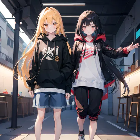 Generate an image of two cute anime girls, Yori and Aina, standing in front of each other and arguing at night in a hostel hall. Yori has beautiful long black hair and is wearing a brown leather jacket, a sports trousers, and a T-shirt of any color, and sn...