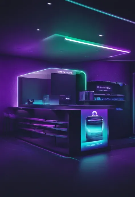 Draw an impactful logo for our high-performance electronics store, Essential Tech, effectively blending the concepts of speed and technology with neon gradient colors in purple, lavender, blue, and emerald on a dark-themed background, prominently showcasin...