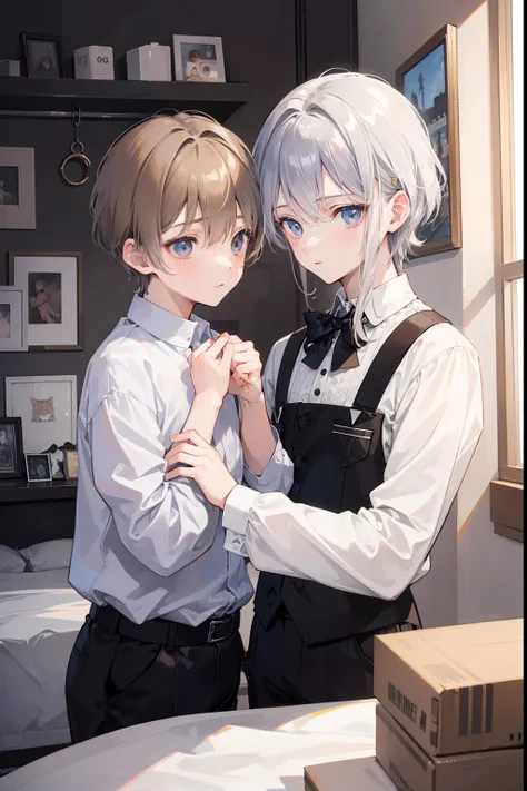 Two Boys, Silver-haired boy and brown-haired boy, Boys room、Boys Love、There is a cat、Talking、hight resolution、ultra-detailliert