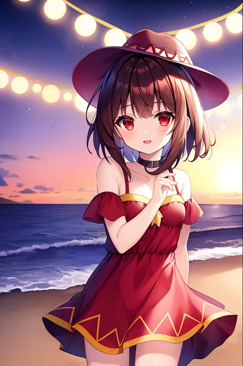 obra-prima, melhor qualidade, Night beach with starry sky, megumin, feliz, ombros nus, vestido branco, cabelo castanho, cabelo liso, cabelo liso, Magician Hat, olhando para o espectador, red eyes