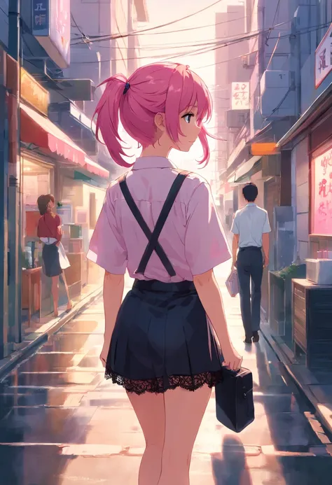 Girl with pink hair double ponytail，Black lace lingerie peeks through a soaked white shirt unbuttoned，pleatedskirt，taking a walk，Red backpack