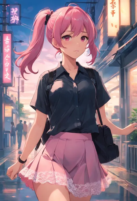 Girl with pink hair double ponytail，Black lace lingerie peeks through a soaked white shirt unbuttoned，pleatedskirt，taking a walk，Red backpack