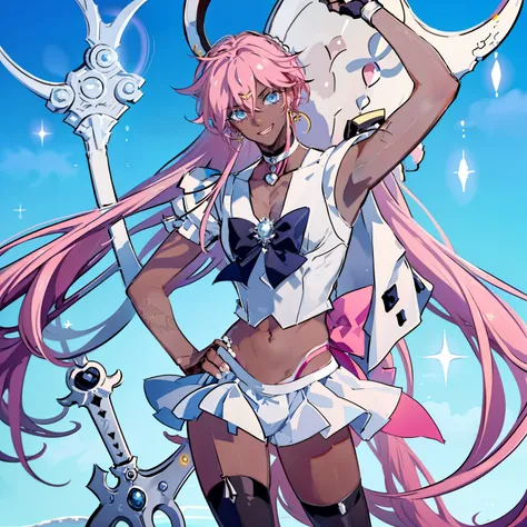 "Create a stunning artwork of a (( Beautiful,Man as hybrid of Sailor Moon with intricate details, vibrant colors, and dynamic poses, Smiling )), ((the Man has dark skin:1.4)) ,(( long white hair with Pink streaks ,)) and (( a Skimpy white and Pink Outfit w...