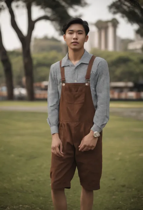 Photo of a 20-year-old korean-brazilian olive-skinned, a few chubby guy with short, salon-cut hair, nose piercing, short mustache and goatee. He manages a shy smile. He wears a brown beret and red overalls, with no shirt. Ibirapuera Park in the background ...