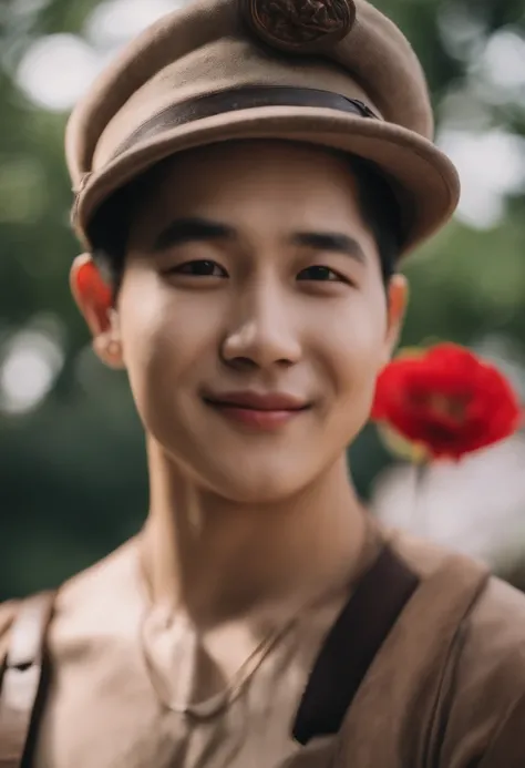 Photo of a 20-year-old korean-brazilian olive-skinned, a few chubby guy with short, salon-cut hair, nose piercing, short mustache and goatee. He manages a shy smile. He wears a brown beret and red overalls, with no shirt. Ibirapuera Park in the background ...