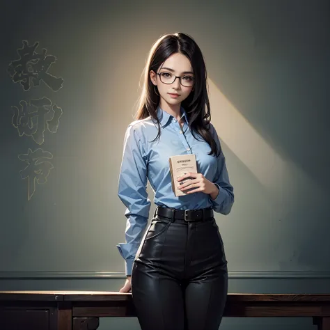 Close-up of painting style, ultra-high-definition 8K, masterpiece-level CG wallpaper, excellent light source, female teacher, wearing glasses, beautiful and exquisite face, brilliant eyes, wearing light blue print long-sleeved shirt, trouser belt, long tro...