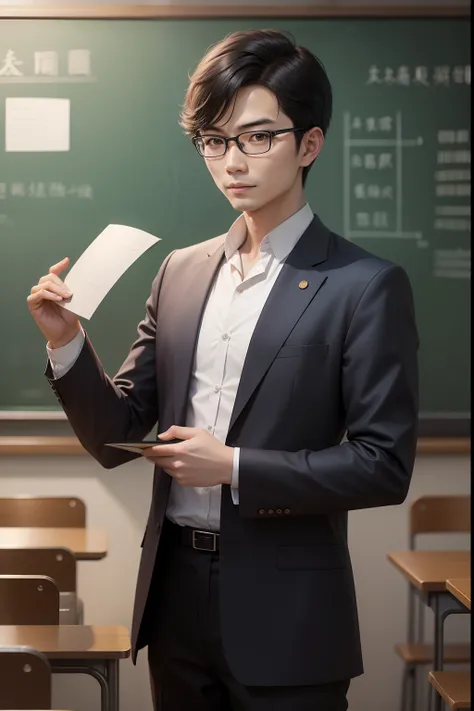 A Chinese male teacher, standing in front of the blackboard, wearing glasses, holding a book, many students