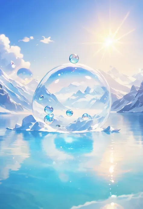 Ultra HD 3D graphics，Showcasing the glacier wishing on the tranquil shores of a lake. glacier, Beautiful rendering details, See gently blowing bubbles into the air, Everyone has hopeful wishes. Bubbles capture the reflection of the setting sun, Create drea...