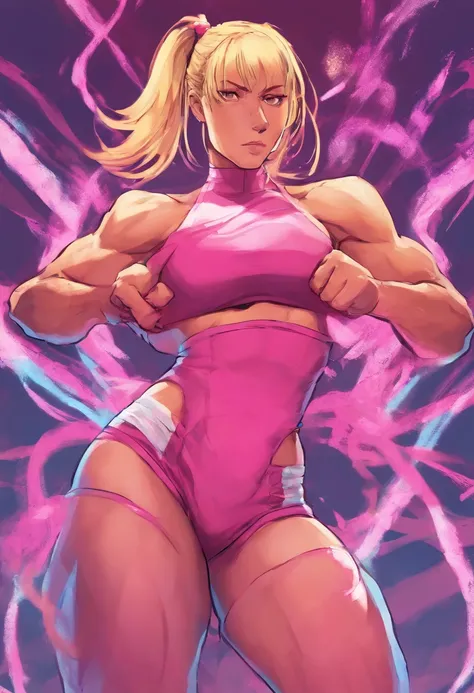 muscular female with blonde pigtails wearing thigh high socks and a pink frilly skirt with gym top on