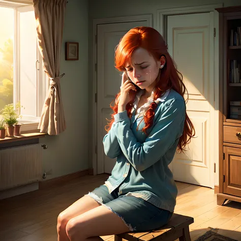 redhead realistic woman crying alone in room